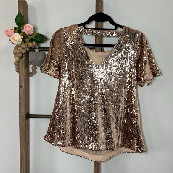 Altard State Short Sleeve Sequin Rose Gold Blouse‎ Size Small - Picture 4 of 7